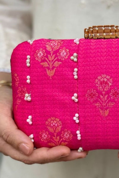 Bahaar Pearl Embellished Pure Silk Clutch - Pink