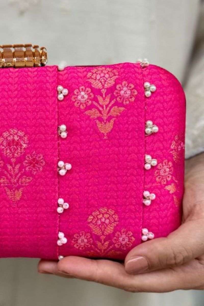 Bahaar Pearl Embellished Pure Silk Clutch - Pink