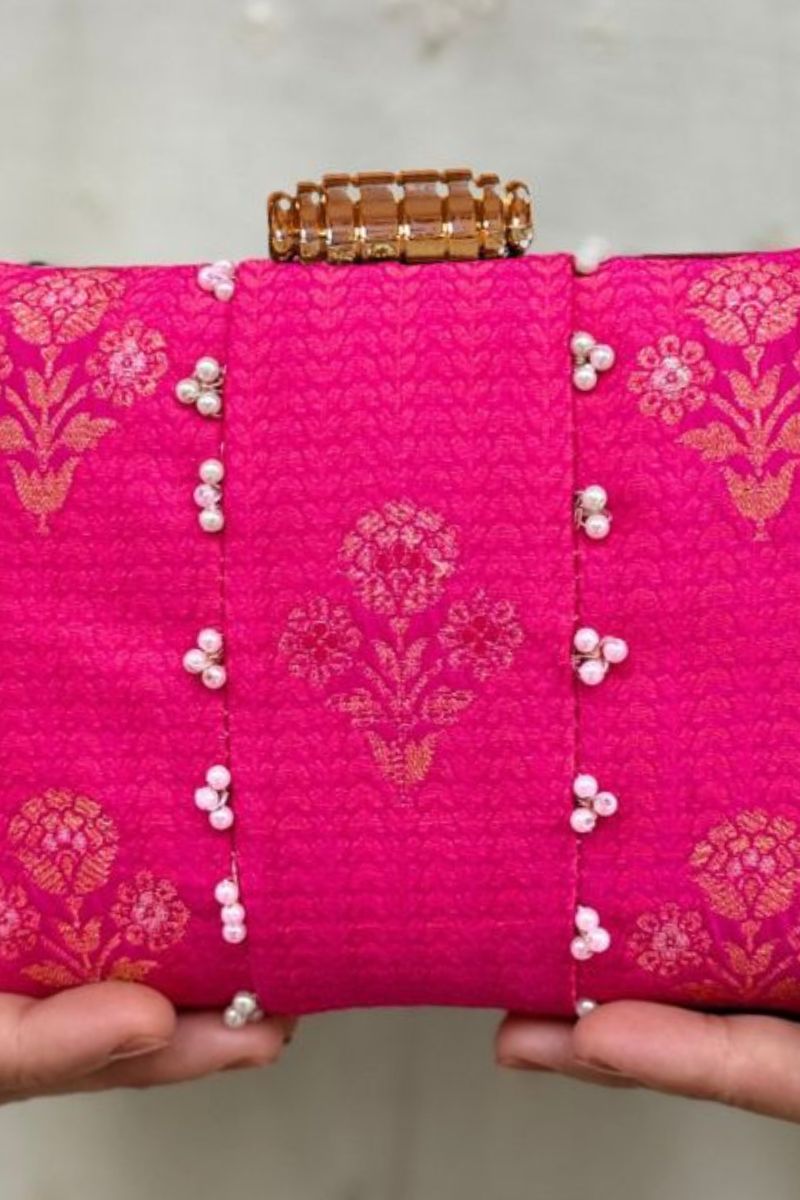 Bahaar Pearl Embellished Pure Silk Clutch - Pink