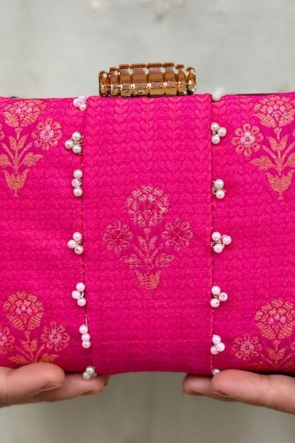 Bahaar Pearl Embellished Pure Silk Clutch - Pink
