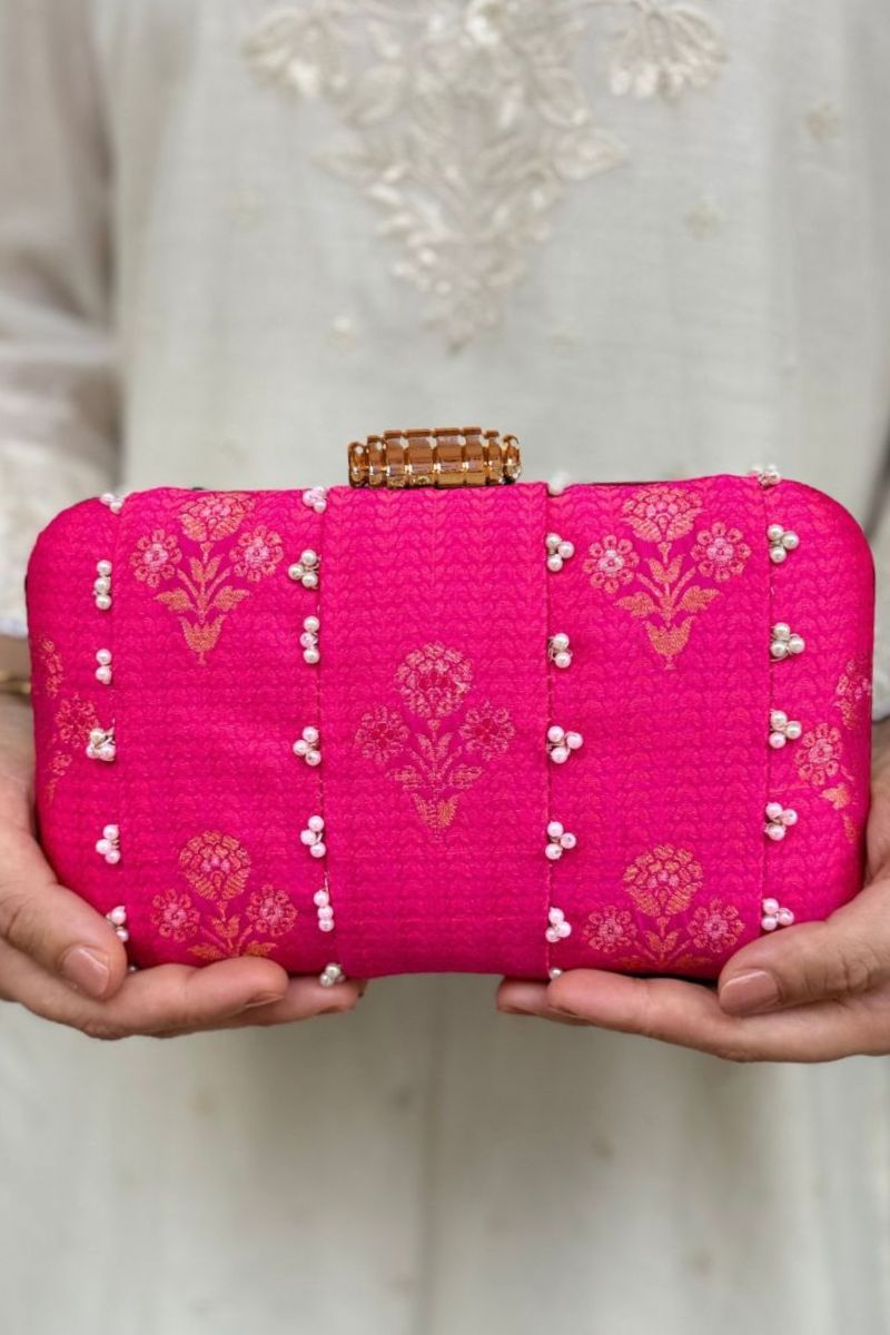 Bahaar Pearl Embellished Pure Silk Clutch - Pink
