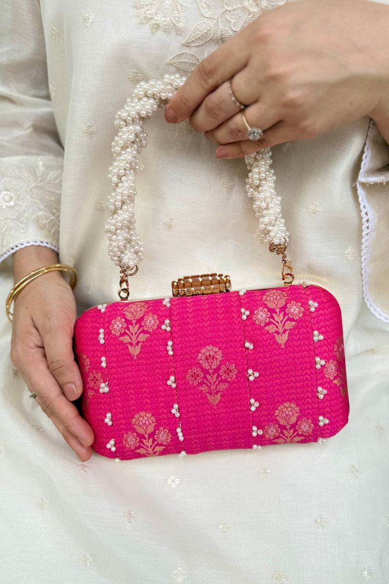 Bahaar Pearl Embellished Pure Silk Clutch - Pink