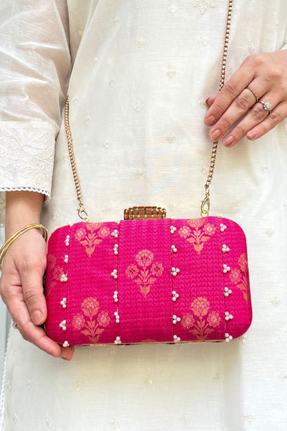 Bahaar Pearl Embellished Pure Silk Clutch - Pink