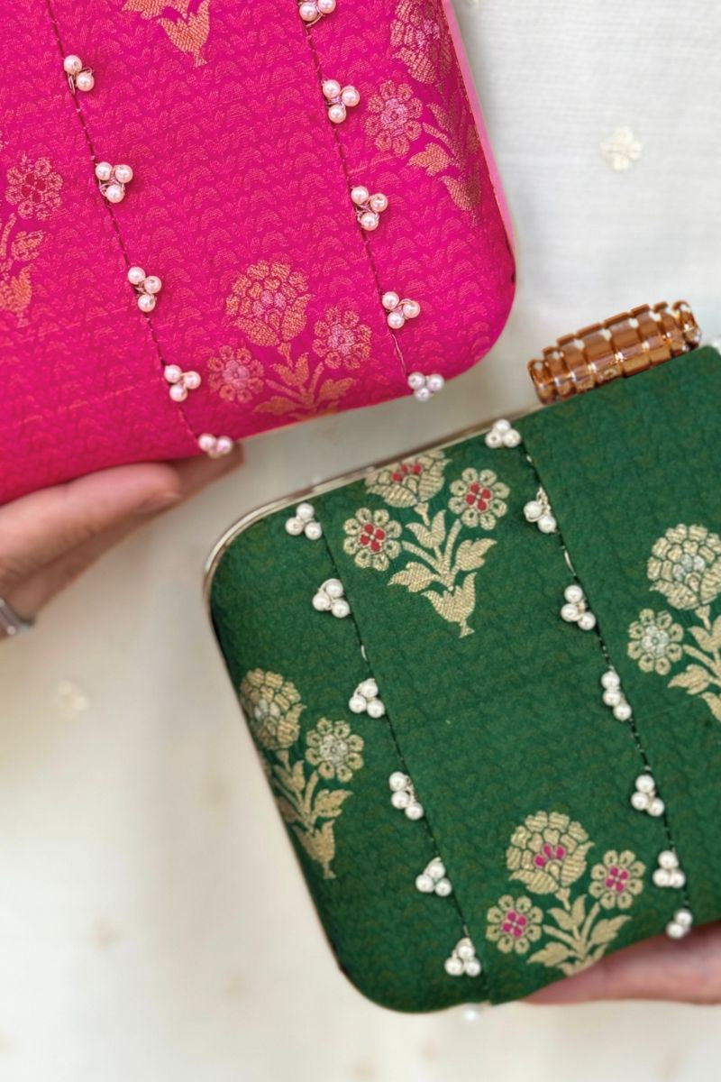 Bahaar Pearl Embellished Pure Silk Clutch - Pink