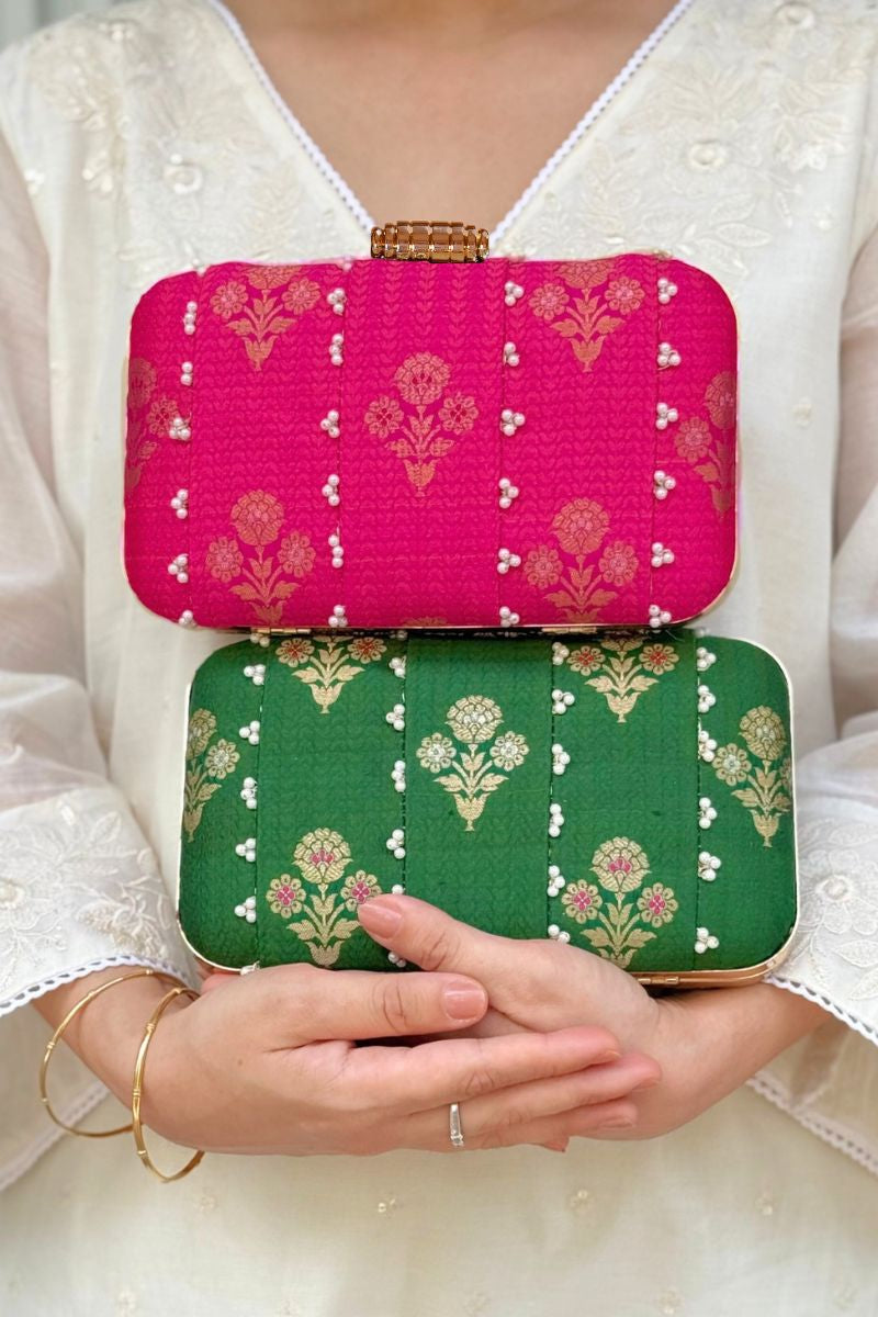 Bahaar Pearl Embellished Pure Silk Clutch - Pink