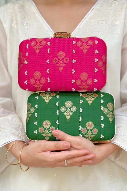 Bahaar Pearl Embellished Pure Silk Clutch - Pink