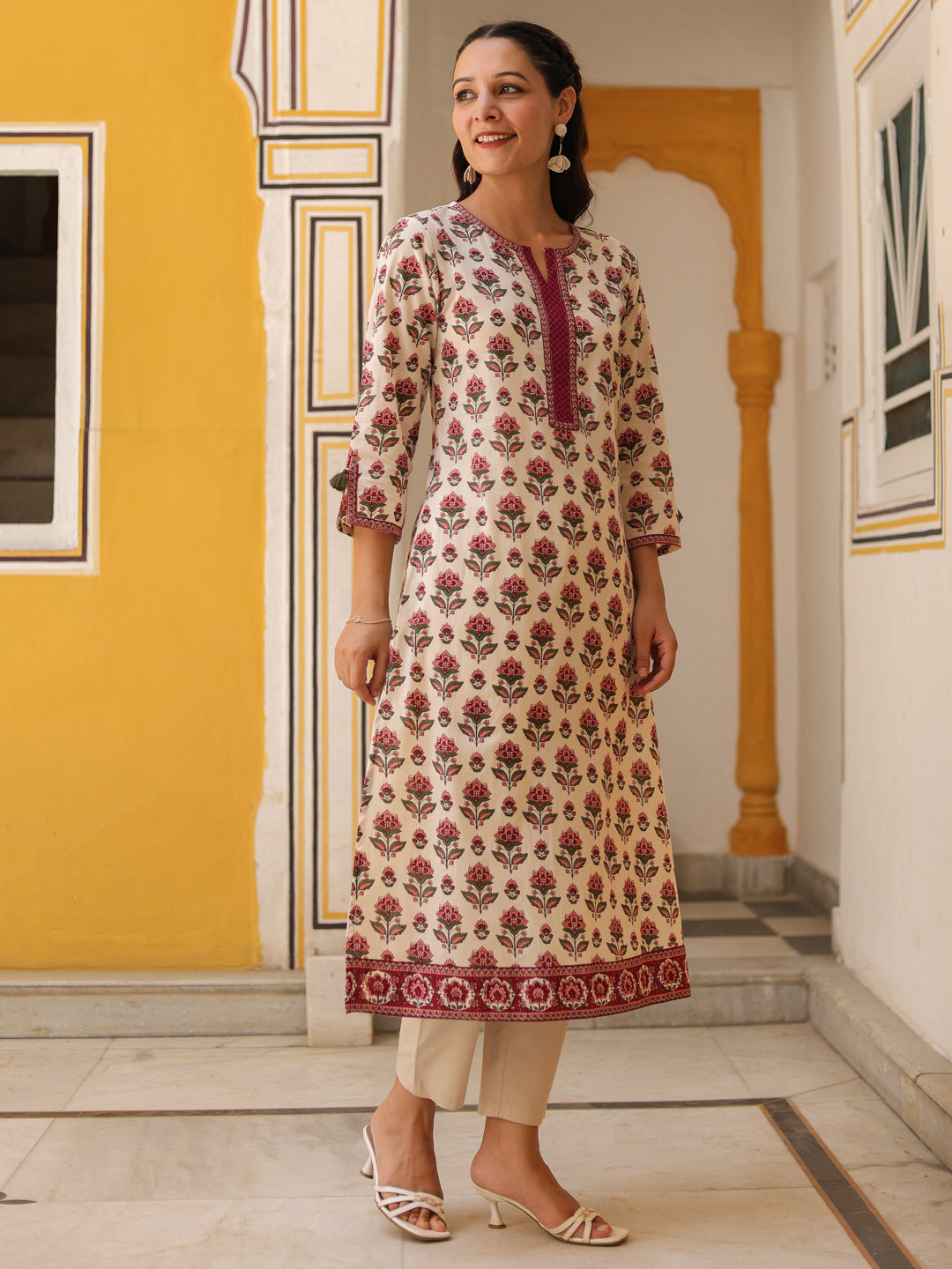 Beige floral printed women kurta