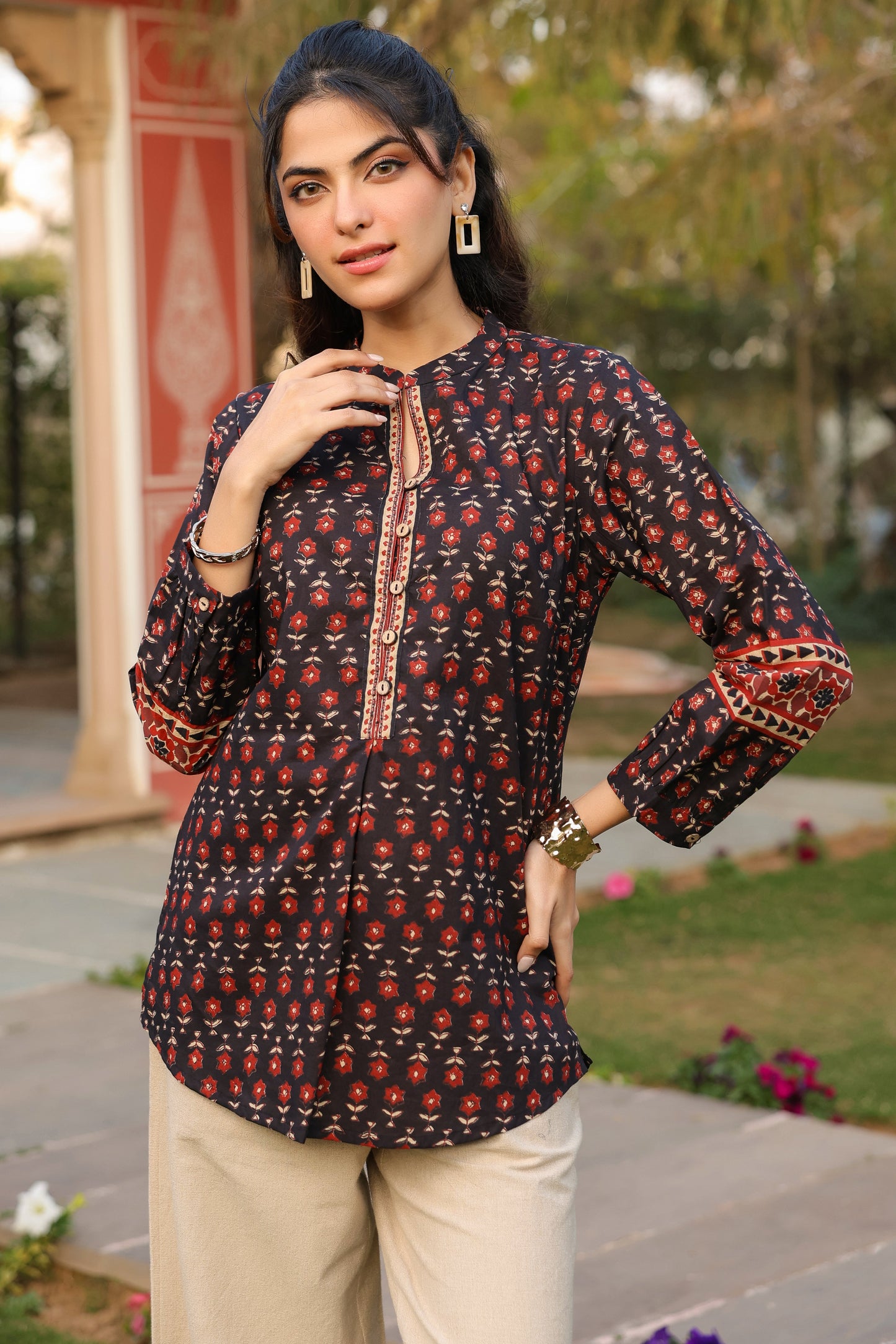 Black ethnic cotton top with print