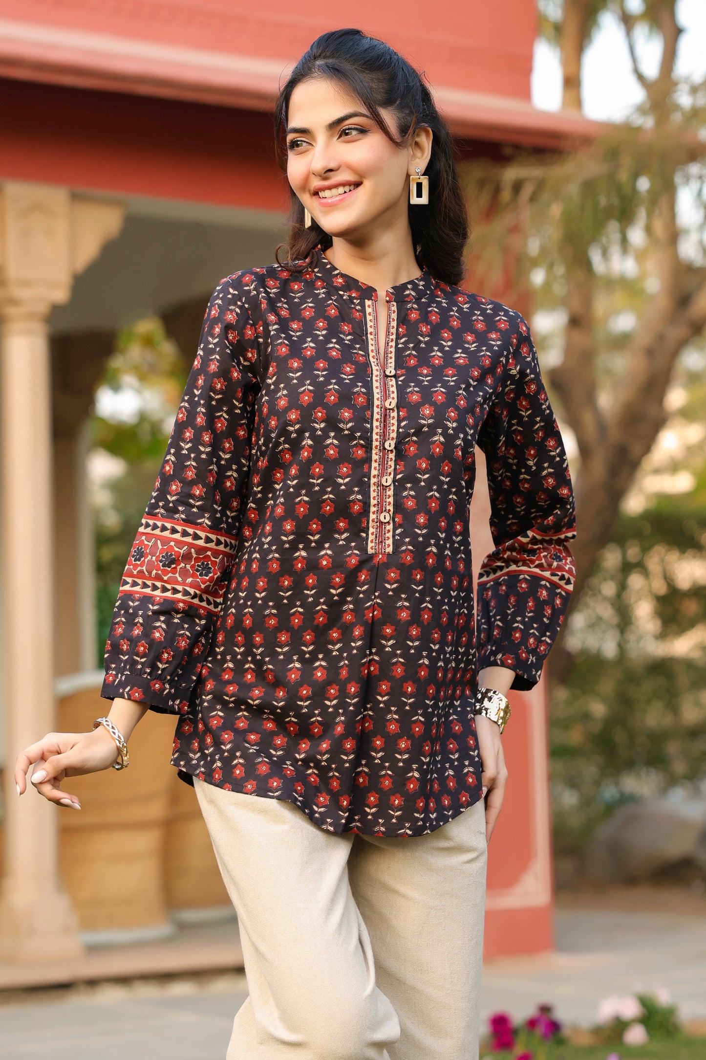Black mandarin collar cotton kurti top