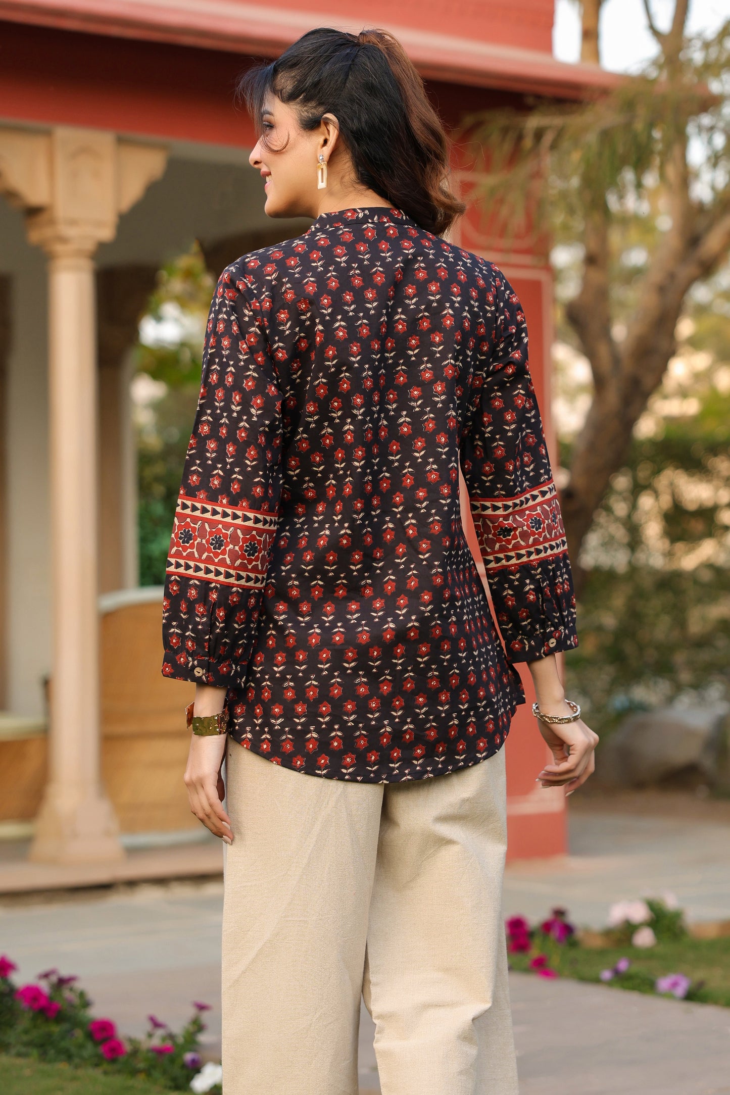 Black printed cotton top for women