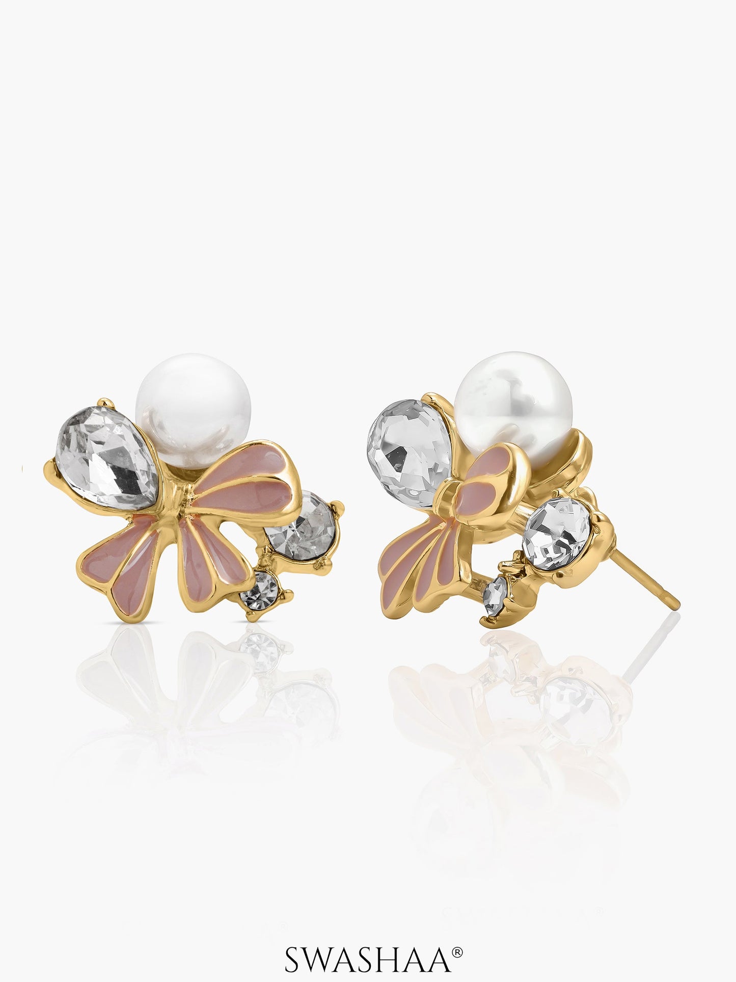 Bloom White Pearl Stud Earrings Bow-Inspired Diamond 18K Gold Plated Earrings
