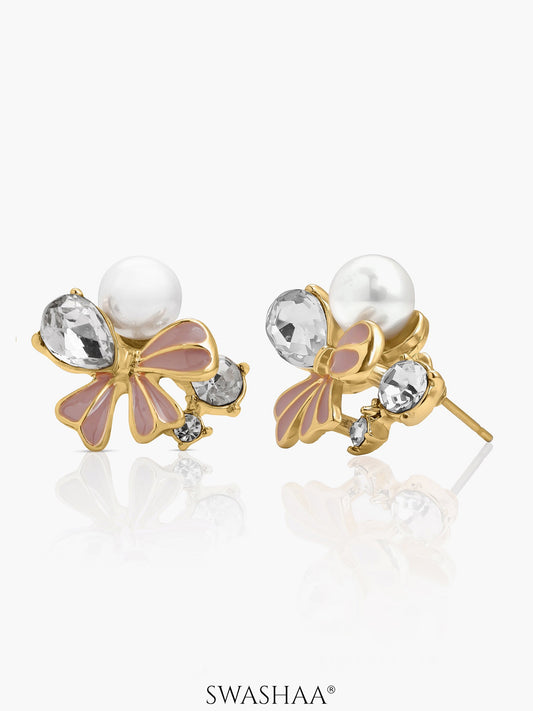 Bloom White Pearl Stud Earrings Bow-Inspired Diamond 18K Gold Plated Earrings