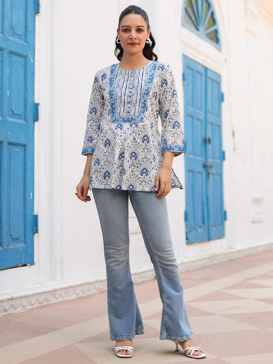 Blue Cotton Ethnic Motif Top