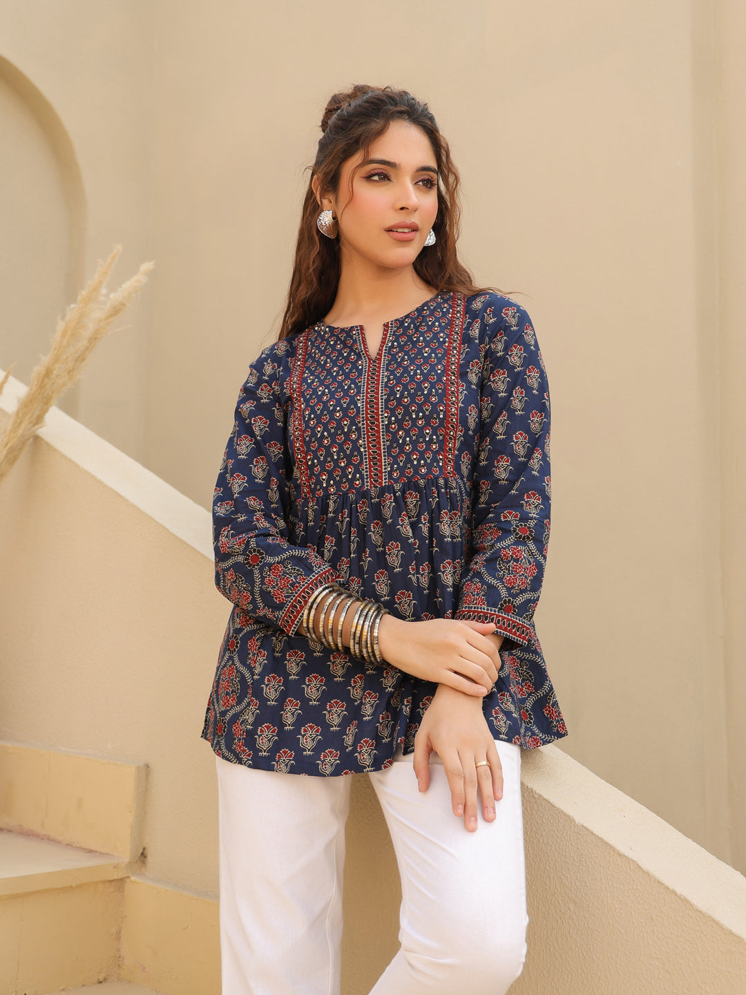 Blue Minimal Print Cotton Top