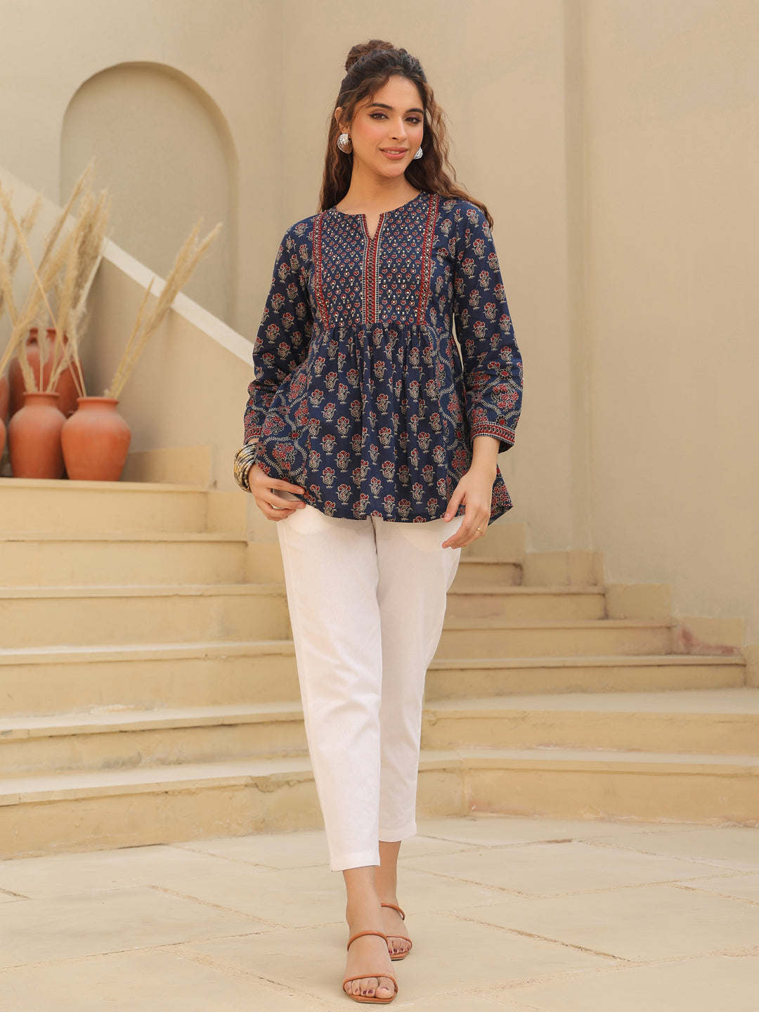 Blue Motif Cotton Top