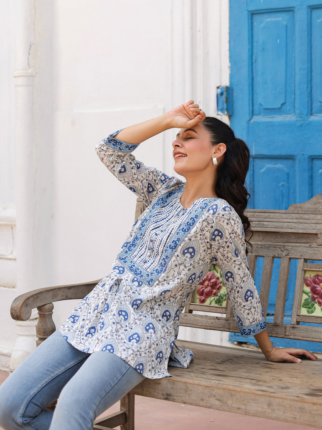 Blue Printed Casual Top