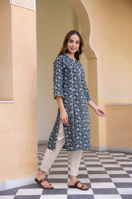 Blue floral printed cotton kurta