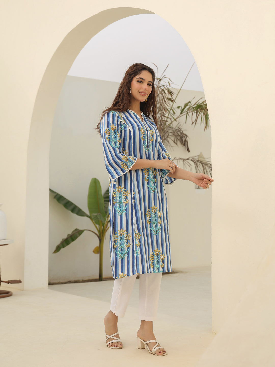 Blue printed cotton kurta