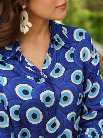 Blue printed satin shirt women