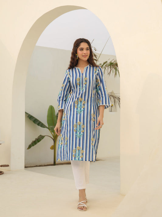 Blue striped cotton kurta