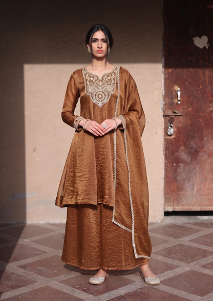 Brown Silk Embroidered Anarkali Kurta Palazzo Set with Dupatta For Women