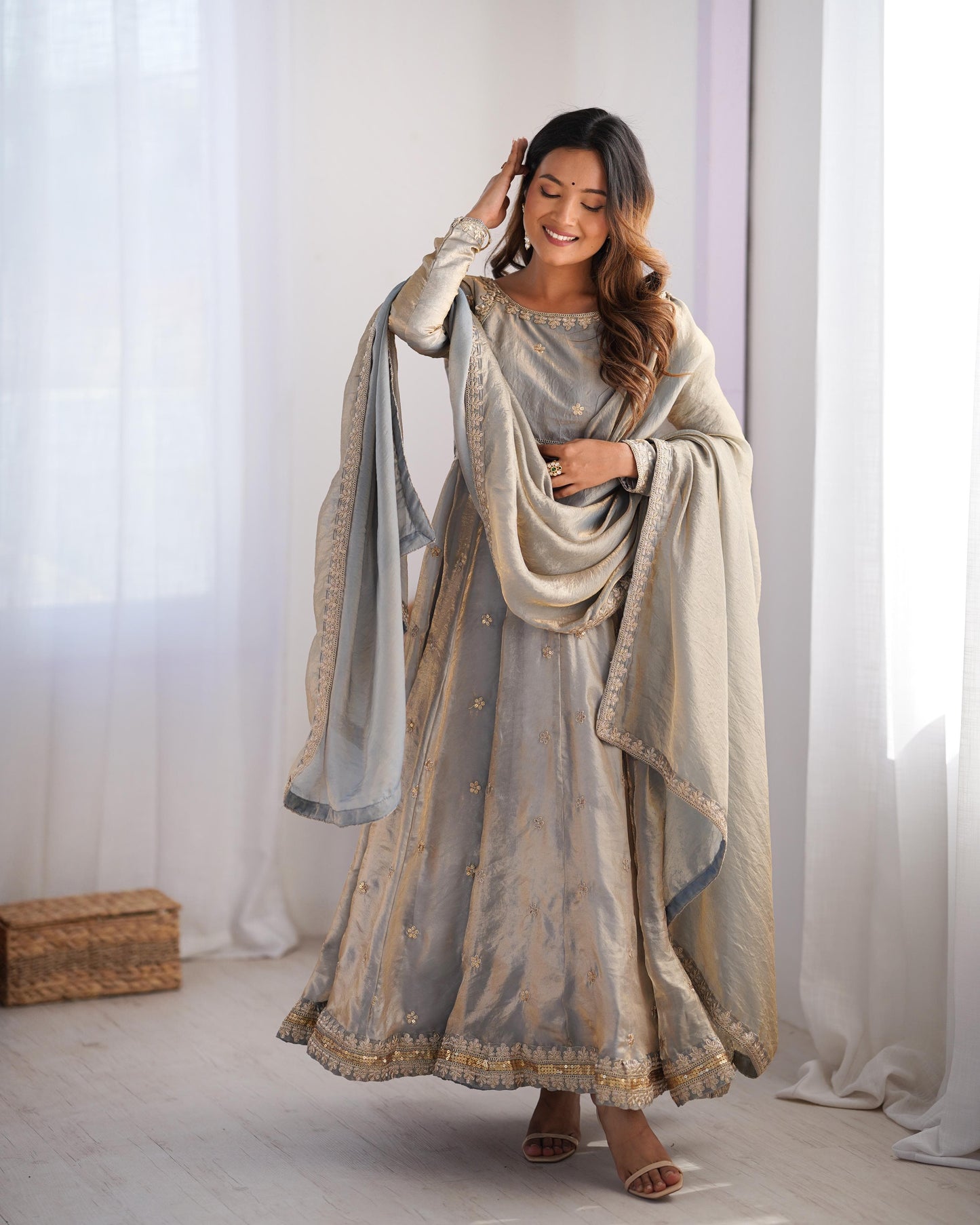 Fendi Silk Sequence Embroidery Work Gown Dupatta Pant Set