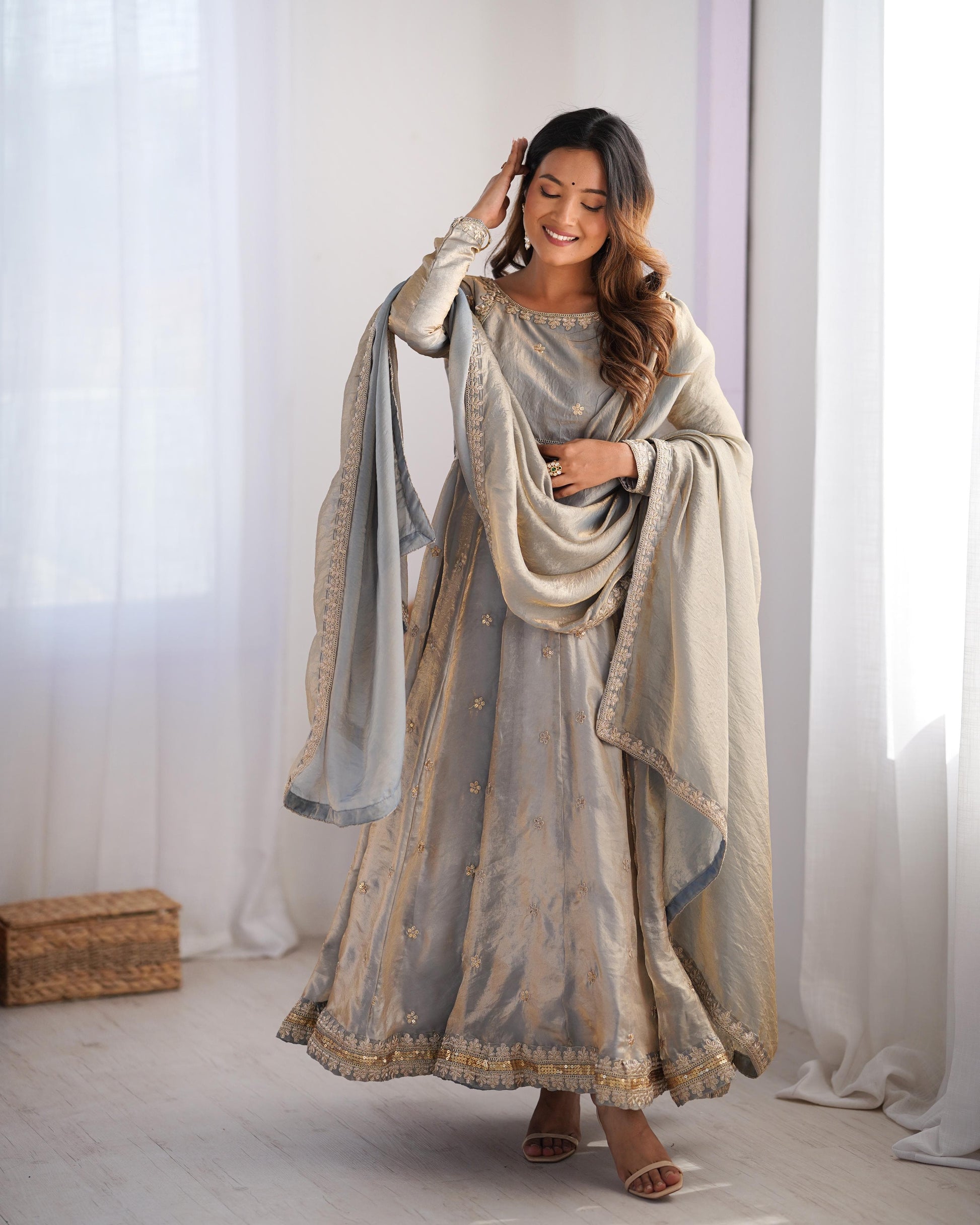 Fendi Silk Sequence Embroidery Work Gown Dupatta Pant Set