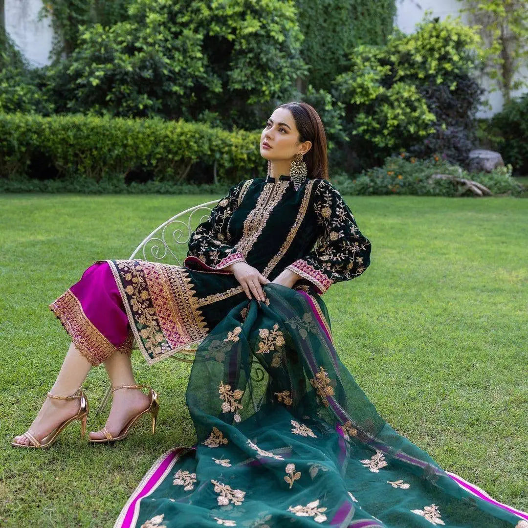 Thread Embroided winter Velvet Kurti Pant Dupatta Set (Stitched) - Premium  from Ethenika.com - Just INR 2490! Shop now at Ethenika.com 