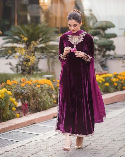 Winter Wear Premium Embroided Velvet Kurti Pant Dupatta set (Stitched) - Premium  from Ethenika.com - Just INR 2190! Shop now at Ethenika.com 