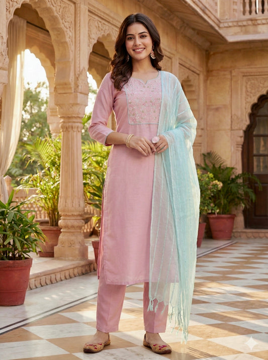 Pink Embroidered Chinon Kurta with Dupatta Set for womens | embroidered kurta set for women | Frontside view