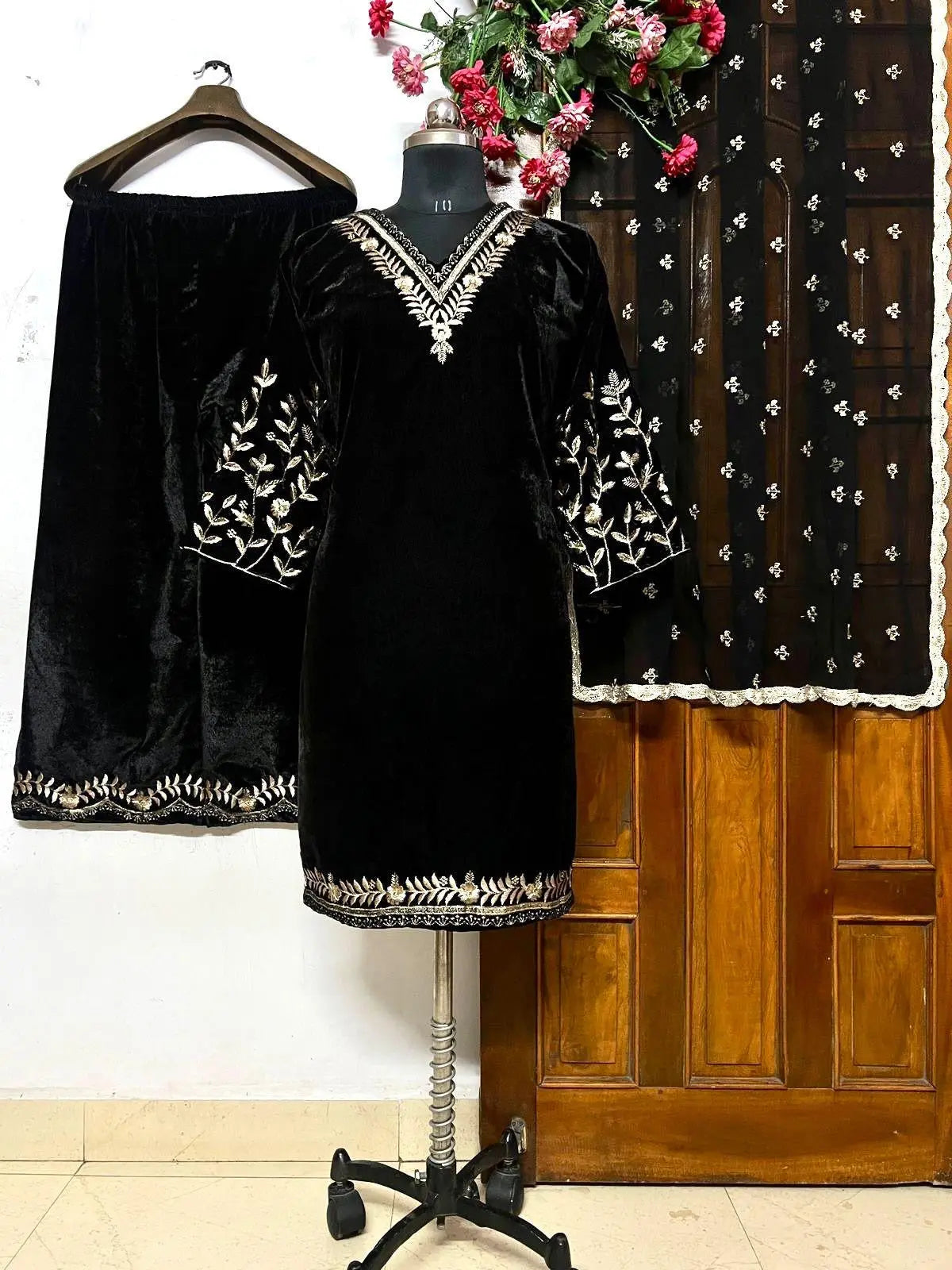 Lace work Velvet Kurti Pant Set ( Stitched) - Premium  from Ethenika.com - Just INR 2190! Shop now at Ethenika.com 