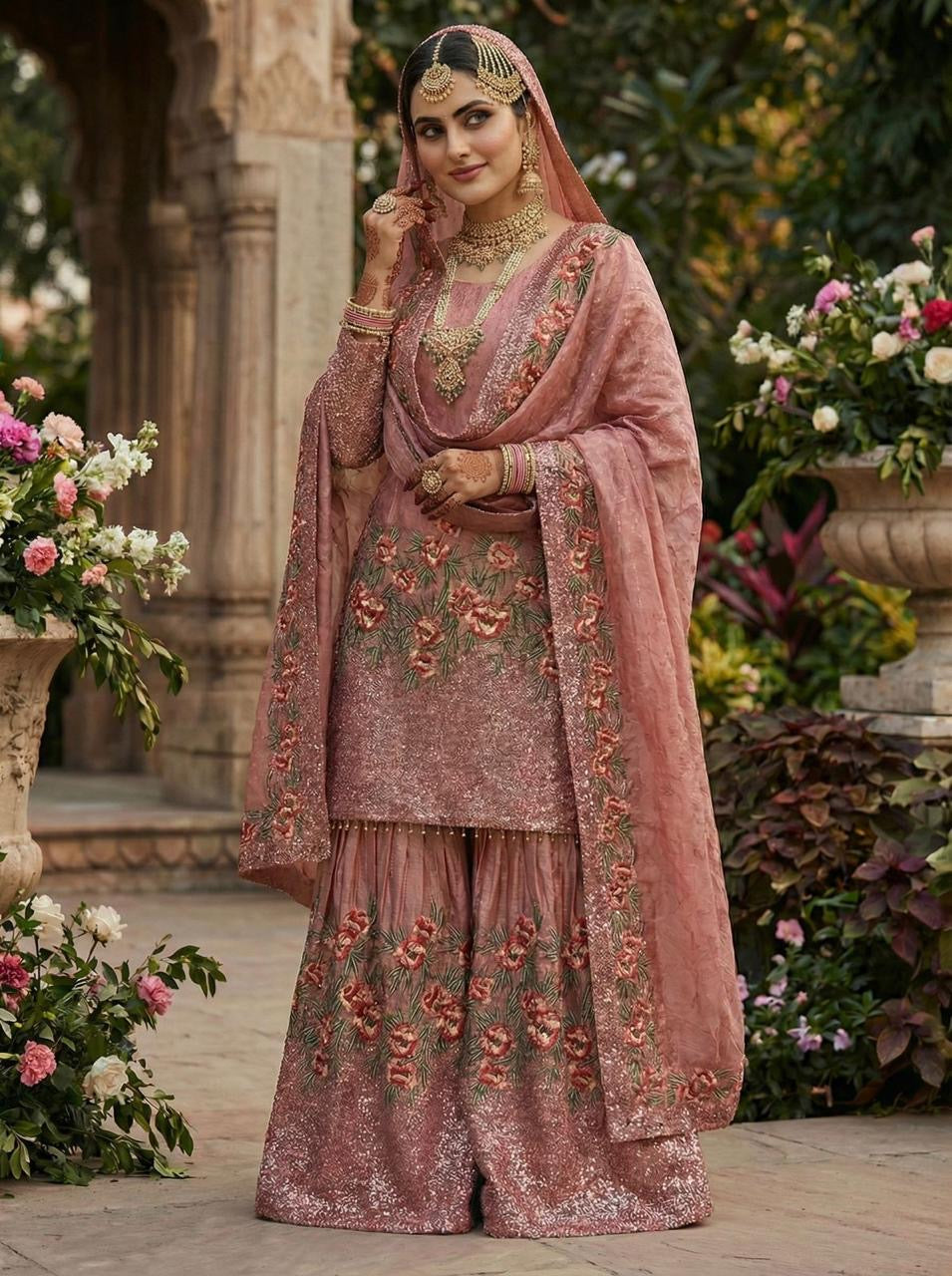 Fendy Silk Designer Kurti Sharara Dupatta Set for Eid