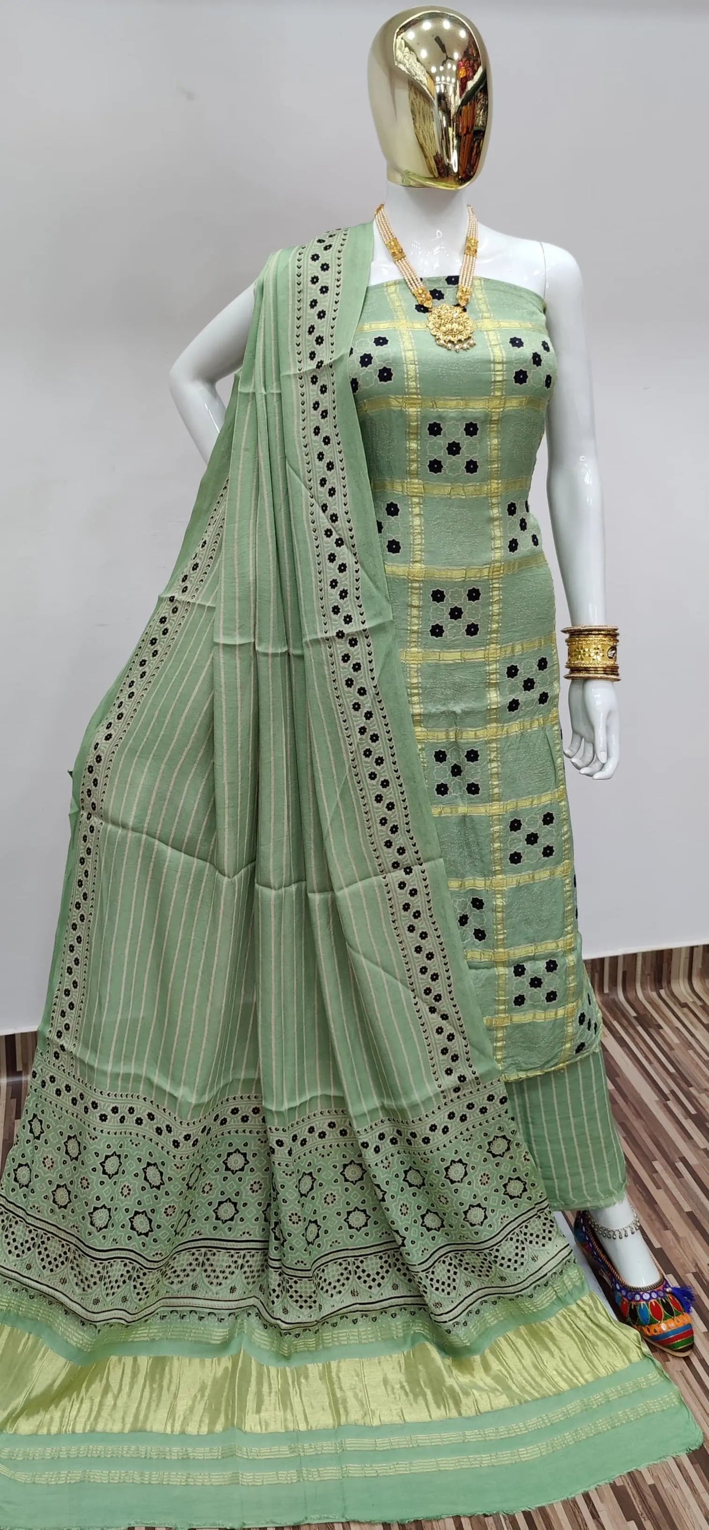 Ghazi Silk Golden Chex Hand print dress material - Premium  from Ethenika.com - Just INR 6999! Shop now at Ethenika.com 