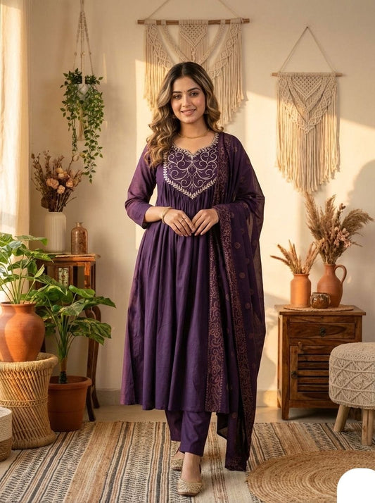 Chanderi Silk Neck Embroidery Work Flair Kurta Pant Dupatta Set (Ready to Wear)
