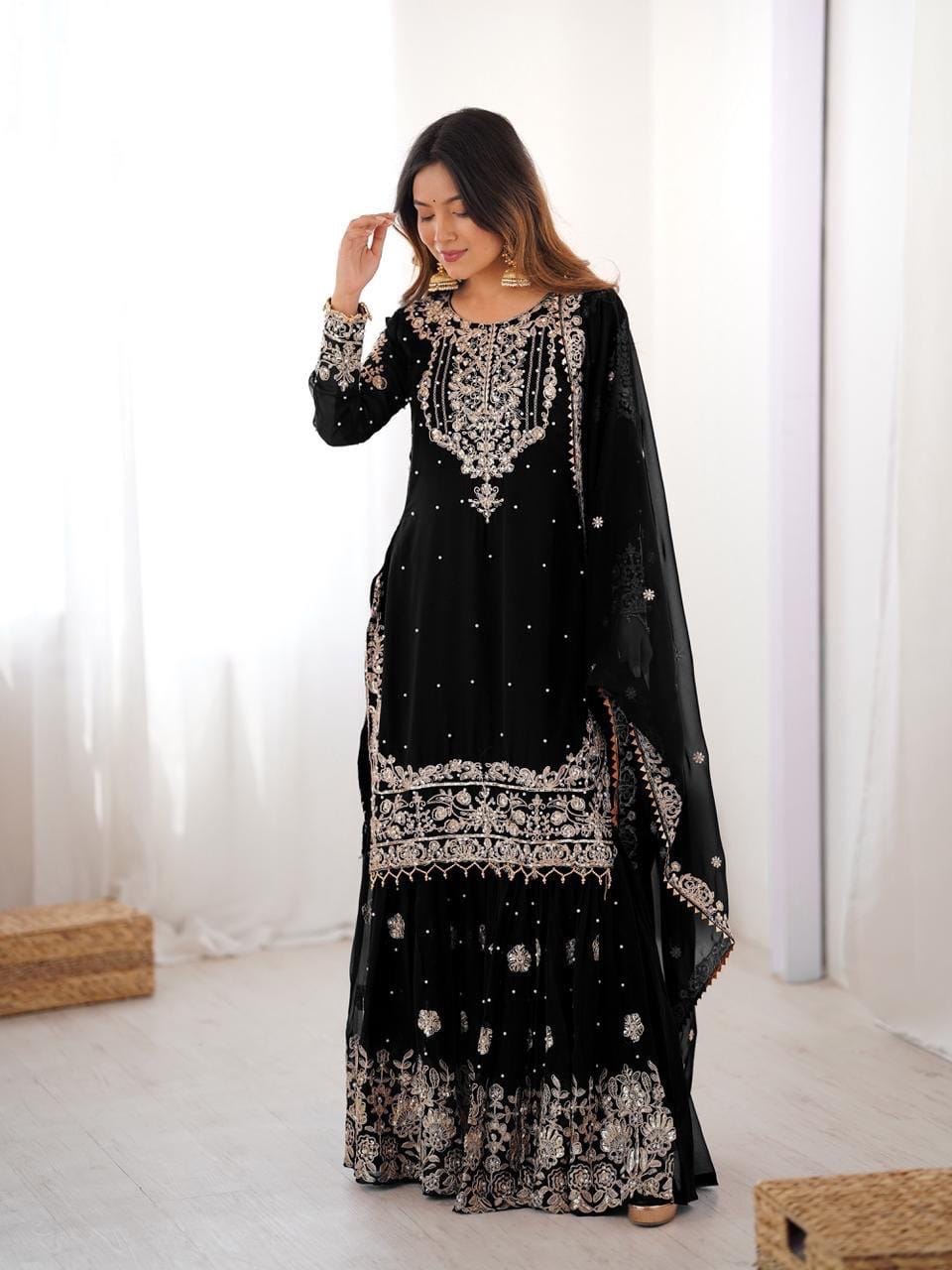 Premium Faux Georgette Embroidery with Moti Work Designer Kurti Sharara Dupatta Set (Ready to Wear)