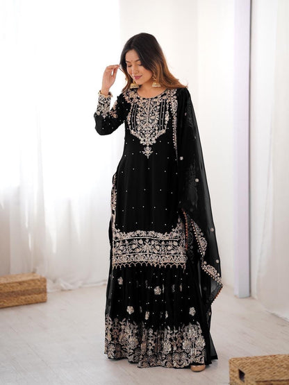 Premium Faux Georgette Embroidery with Moti Work Designer Kurti Sharara Dupatta Set (Ready to Wear)