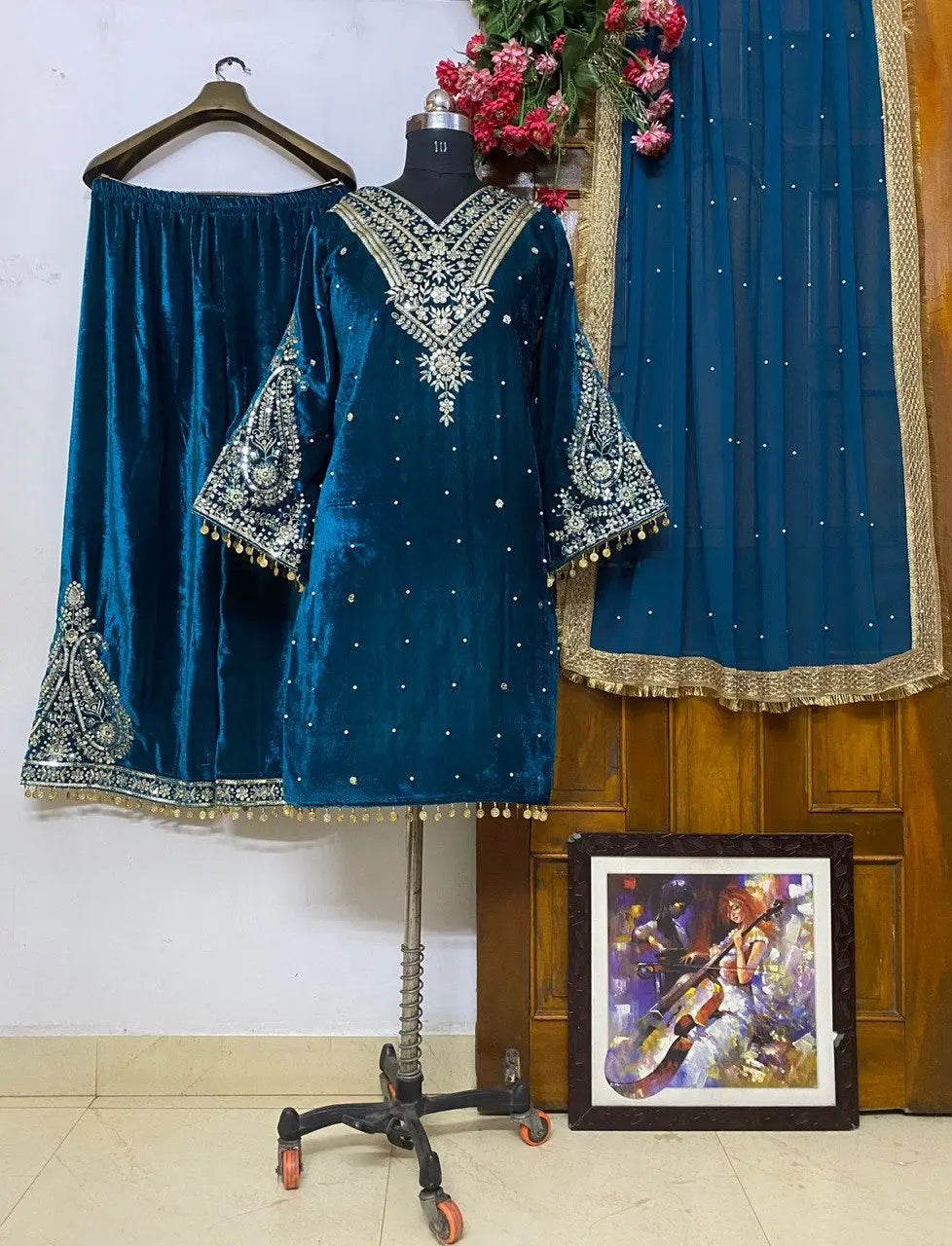 Winter Velvet Embroided Kurti Pant Dupatta Set - Premium  from Ethenika.com - Just INR 2590! Shop now at Ethenika.com 