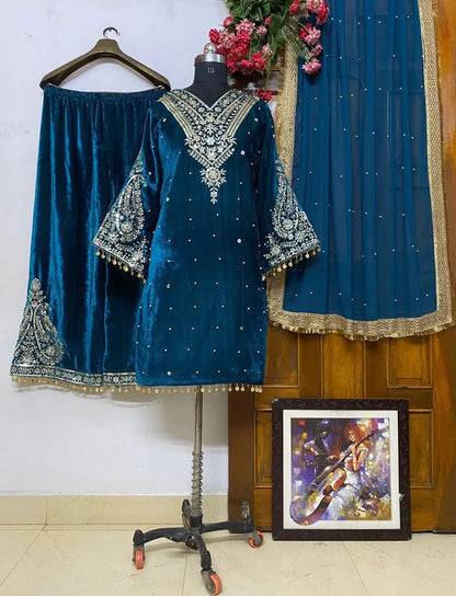 Winter Velvet Embroided Kurti Pant Dupatta Set - Premium  from Ethenika.com - Just INR 2590! Shop now at Ethenika.com 