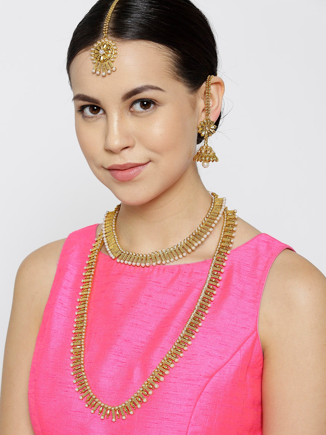 2 Gold-Plated Pearls Necklaces With Jhumki & Maangtika