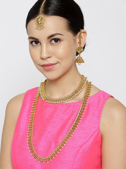 2 Gold-Plated Pearls Necklaces With Jhumki & Maangtika