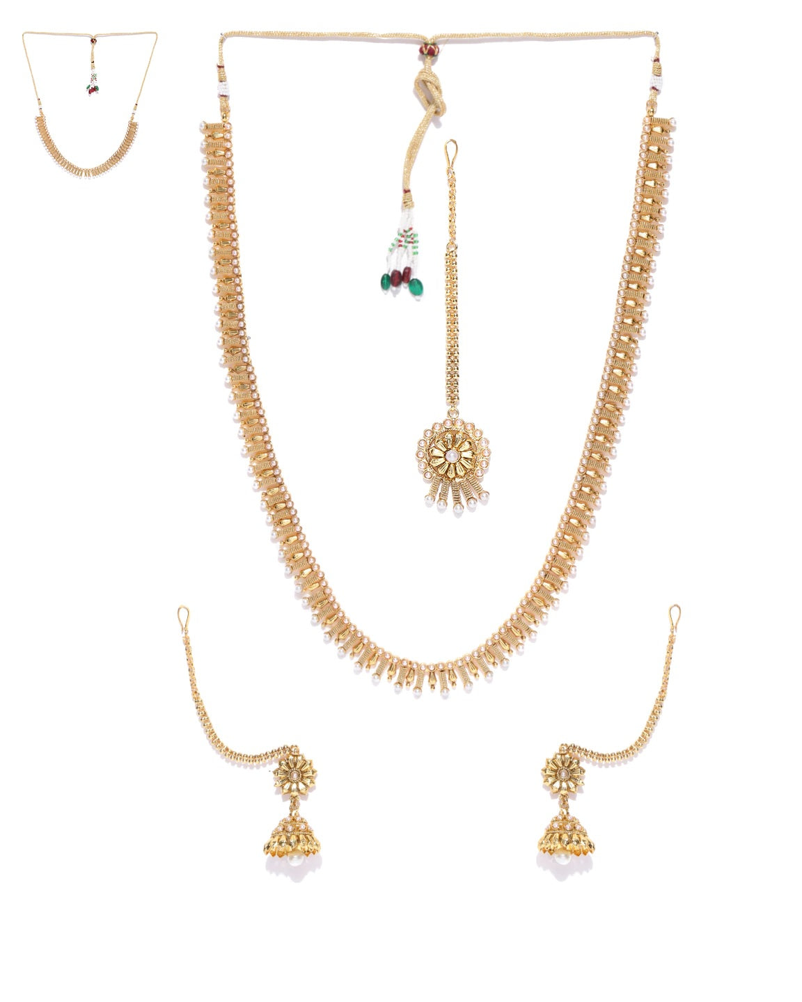 2 Gold-Plated Pearls Necklaces With Jhumki & Maangtika