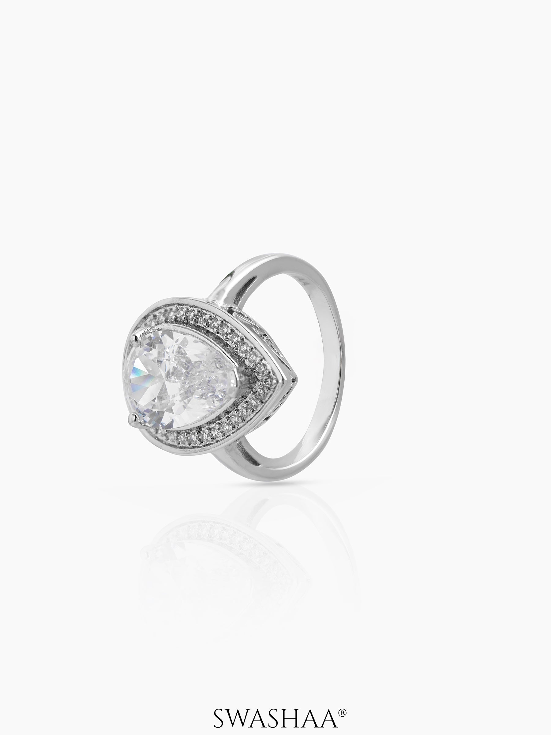 Calyra Tear drop Silver Stone Diamond Solitaire Women's Ring