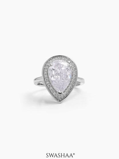 Calyra Tear drop Silver Stone Diamond Solitaire Women's Ring