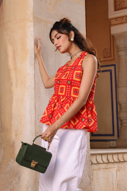 Casual red printed cotton top