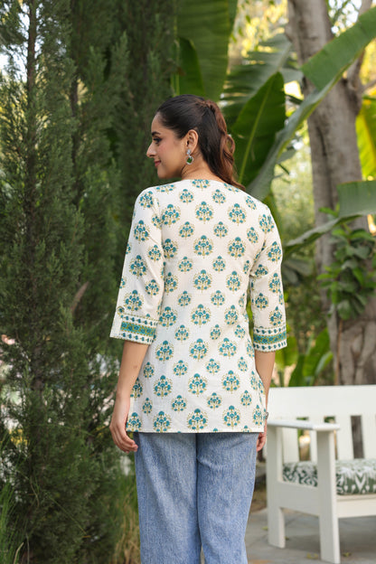 Casual wear floral cotton kurti with notch neckline