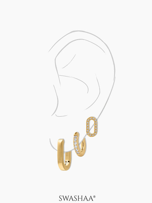 Celia Plain Hoop Studded Oval Charm Pave Crystals Women's Earrings Set