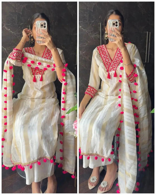 Chanderi Silk Fancy Lace Work with latkan Kurti Palazzo Dupatta Set Ethenika.com