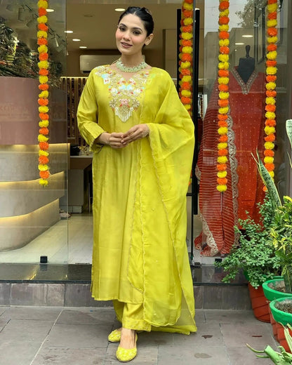 Chanderi Silk Neck stone embroidery work Kurti Pant Dupatta Set (Stitched) - Premium  from Ethenika.com  - Just INR 2490! Shop now at Ethenika.com 