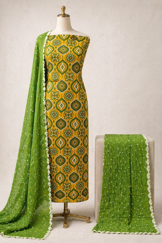 Soft Cotton Block Print Ajrakh Work Bandhani Dress Material