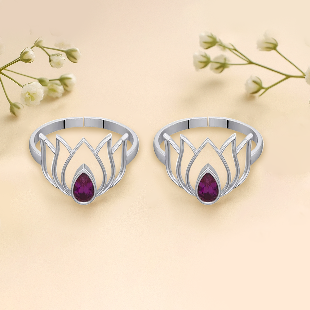 92.5 Sterling Silver Lotus Toe ring with Pink stone